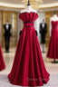 Burgundy Satin Strapless Pleats Prom Dresses