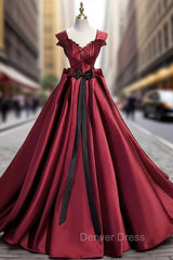 Burgundy Satin Strapls Pleats Prom Dresses With Bow