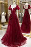 Burgundy Satin Tulle Long Prom Dress, A Line Short Sleeve Prom Dresses