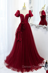 Burgundy Satin Tulle Long Prom Dresses, A-Line Short Sleeve Evening Party Dresses