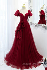 Burgundy Satin Tulle Long Prom Dresses, A-Line Short Sleeve Evening Party Dresses