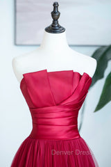 Burgundy Satin Tulle Long Prom Dresses, A-Line Strapless Evening Dresses