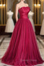 Burgundy Satin Tulle Long Prom Dress, A Line Strapless Prom Dresses