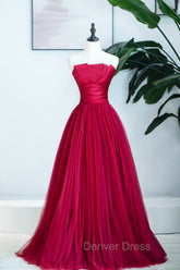 Burgundy Satin Tulle Long Prom Dresses, A-Line Strapless Evening Dresses