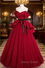 Burgundy Satin Tulle Long Prom Dresses, Off Shoulder Evening Dresses