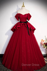 Burgundy Satin Tulle Long Prom Dresses, Off Shoulder Evening Dresses