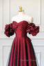 Burgundy Satin Tulle Long Prom Dress, Off Shoulder Prom Dresses