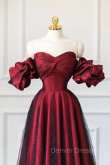 Burgundy Satin Tulle Long Prom Dresses, Off Shoulder Evening Party Dresses