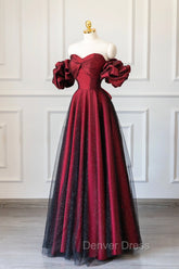 Burgundy Satin Tulle Long Prom Dresses, Off Shoulder Evening Party Dresses