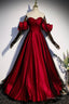 Burgundy Satin Tulle Long Prom Dress, Off the Shoulder Prom Dresses