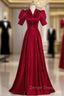 Burgundy Satin V Neck Short Sleeve Pearls Prom Dresses