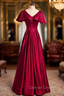 Burgundy Satin V Neck Short Sleeve Prom Dresses