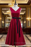 Burgundy Satin V Neck Tea Length Prom Dresses With Sash