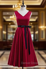 Burgundy Satin V-neck Tea Length Prom Dresses With Sash