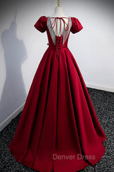Burgundy Scoop Neckline Satin Long Prom Dresses, Short Sleeve Evening Dresses