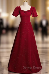Burgundy Sequare Puff Sleeve Prom Dresses