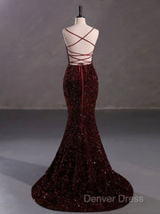 Burgundy Sequin Mermaid Backless Prom Dresses Long Evening Dresses