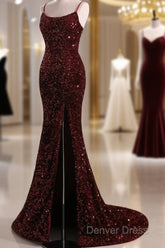 Burgundy Sequin Mermaid Backless Prom Dresses Long Evening Dresses