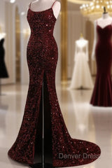 Burgundy Sequin Mermaid Backless Prom Dresses Long Evening Dresses