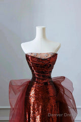 Burgundy Sequins And Tulle Long Formal Dress, Elegant Strapless Evening Party Dress