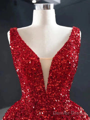 Burgundy Sequins High Low V Neck Ruffles Prom Dress