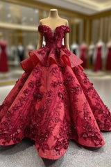 Burgundy Sequins Off the Shoulder 3D Flower Floor Length Prom Dresses