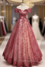 Burgundy Sequins Off the Shoulder Prom Dresses