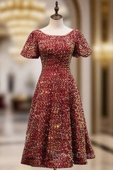 Burgundy Sequins Puff Sleeve Tea Length Prom Dresses