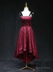 Burgundy Sequins Straps Prom Dress