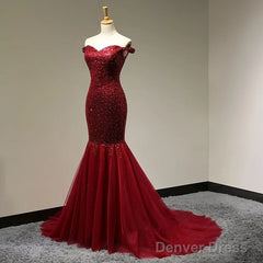 Burgundy Sequins Sweetheart Mermaid Off Shoulder Dress