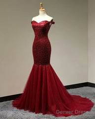 Burgundy Sequins Sweetheart Mermaid Off Shoulder Dress