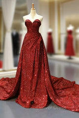 Burgundy Sequins Sweetheart Pleats Prom Dresses With Long Train
