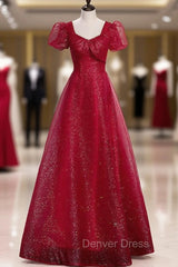 Burgundy Sequins Tulle Square Short Sleeve Prom Dresses