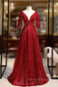 Burgundy Sequins V Neck Short Sleeve Appliques Prom Dresses