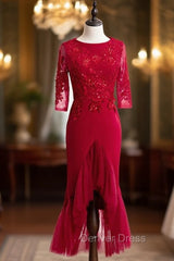 Burgundy Sheath Satin Tulle Appliques Short Sleeve Short Prom Dresses