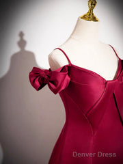 Burgundy Spaghetti Strap Satin Long Prom Dress, A-Line Evening Party Dress