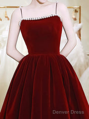 Burgundy Spaghetti Strap Velvet Tea Length Prom Dress With With Pearls