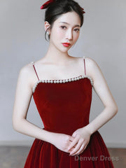 Burgundy Spaghetti Strap Velvet Tea Length Prom Dress With With Pearls