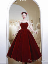 Burgundy Spaghetti Strap Velvet Tea Length Prom Dress With With Pearls