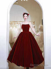 Burgundy Spaghetti Strap Velvet Tea Length Prom Dress With With Pearls