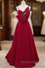 Burgundy Spaghetti Straps Pearls Bow Prom Dresses