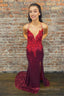 Burgundy Spaghetti Straps Sheath Sequins Prom Dresses with Appliques