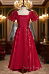 Burgundy Square Puff Sleeve Backless Pearls Prom Dres