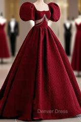 Burgundy Square Puff Sleeve Backless Prom Dresses