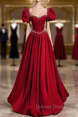 Burgundy Square Puff Sleeve Pearls Prom Dresses