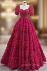 Burgundy Square Puff Sleeve Prom Dresses