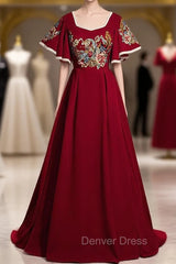 Burgundy Square Short Sleeve Embroidery Appliques Prom Dresses