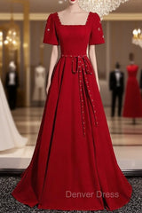 Burgundy Square Short Sleeve Pearls Prom Dresses