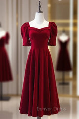 Burgundy Square Short Sleeve Tea Length Prom Dresses