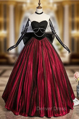 Burgundy Strapless Black Tulle Bow Prom Dresses